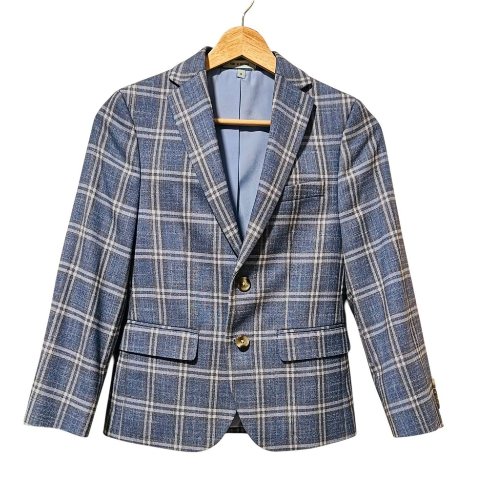 Boys Blue Plaid Modern Fit Blazer Jacket Size 10 Formal Wedding Class Club